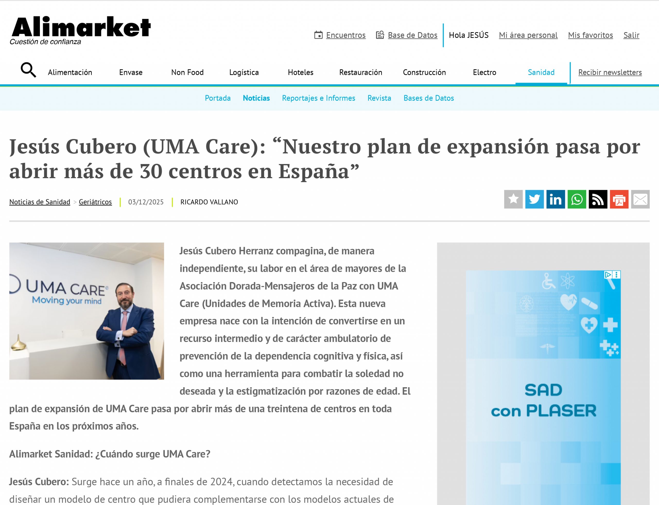 Lee más sobre el artículo Jesús Cubero (UMA Care): “Nuestro plan de expansión pasa por abrir más de 30 centros en España”